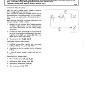 K&ouml;nnte beinhalten: Eine Seite aus einem Wartungshandbuch, das erkl&auml;rt, wie man einen Motor mit Starthilfekabeln startet. Der Text enth&auml;lt eine Warnung vor unsachgem&auml;&szlig;er Verwendung und ein Diagramm, das die Reihenfolge des Kabelanschlusses veranschaulicht. Die Seite ist wei&szlig; mit schwarzem Text und Diagrammen.