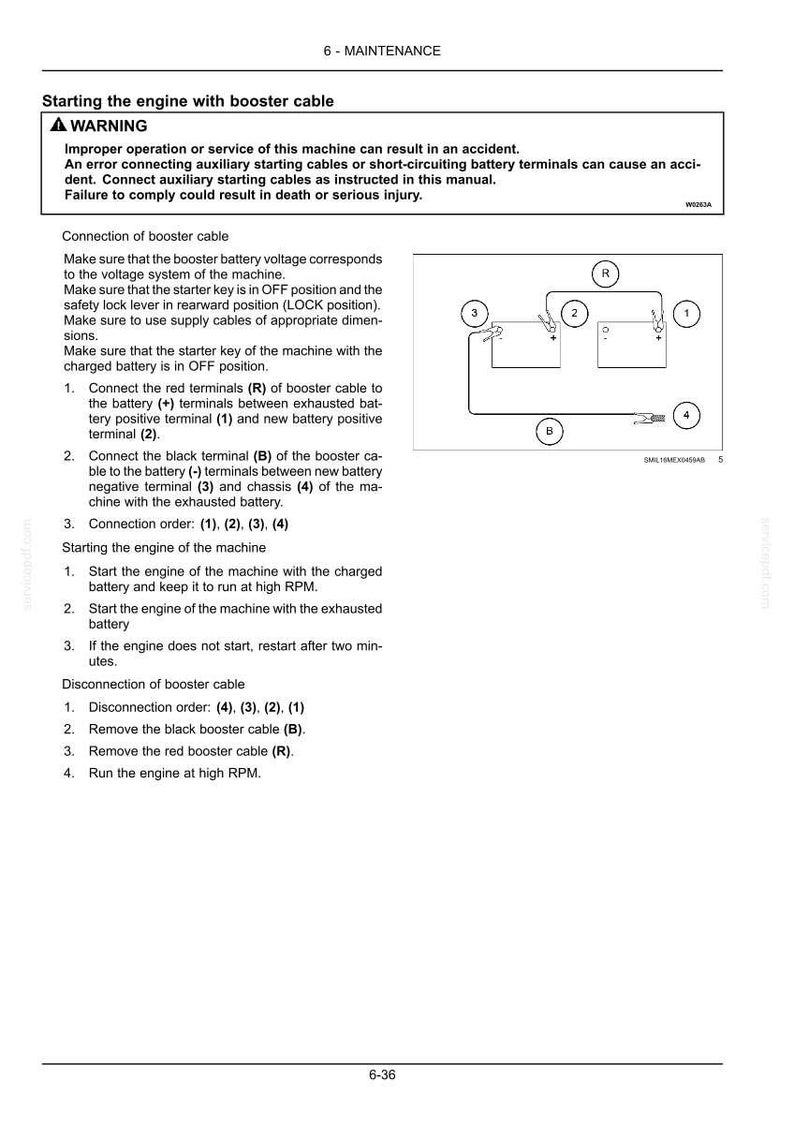 K&ouml;nnte beinhalten: Eine Seite aus einem Wartungshandbuch, das erkl&auml;rt, wie man einen Motor mit Starthilfekabeln startet. Der Text enth&auml;lt eine Warnung vor unsachgem&auml;&szlig;er Verwendung und ein Diagramm, das die Reihenfolge des Kabelanschlusses veranschaulicht. Die Seite ist wei&szlig; mit schwarzem Text und Diagrammen.