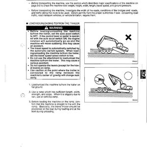 May include: A technical manual page titled CHAPTER 5. TRANSPORTATION, detailing safety procedures for loading and unloading heavy machinery onto a trailer. It includes text instructions and two black and white line drawings showing correct and incorrect machine positioning on a ramp.