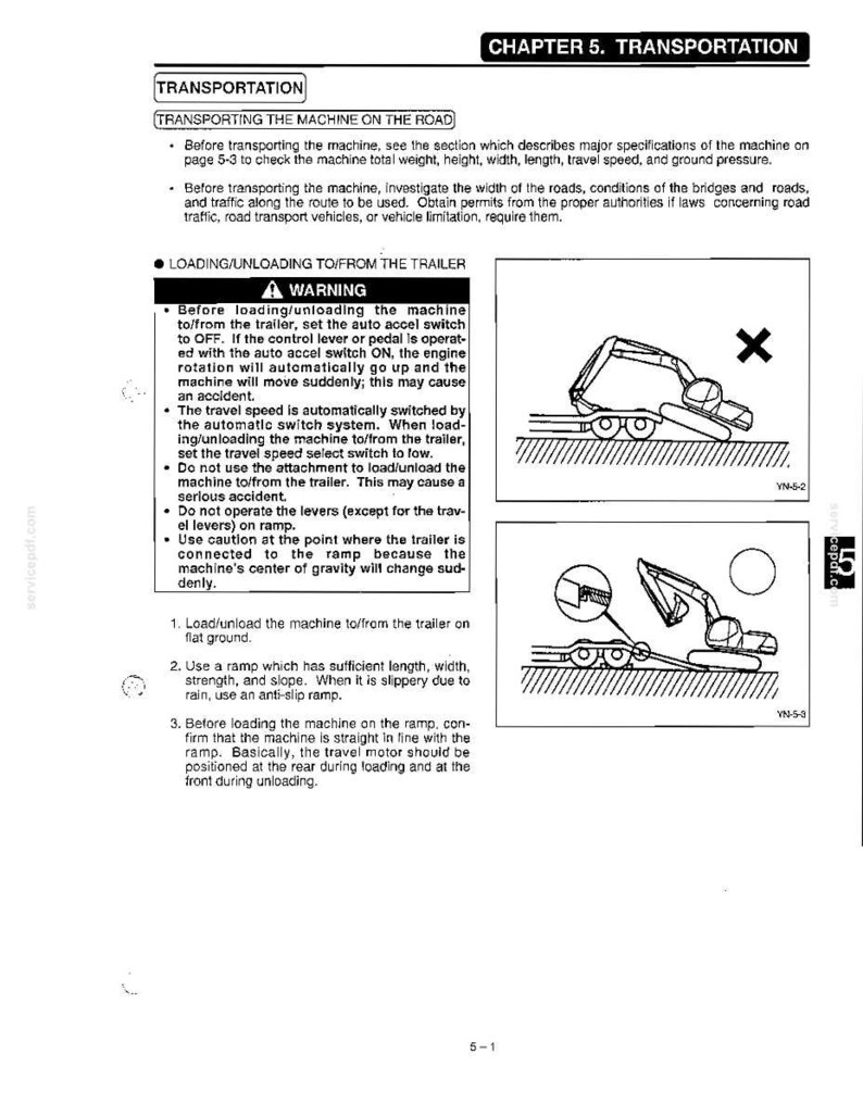 May include: A technical manual page titled CHAPTER 5. TRANSPORTATION, detailing safety procedures for loading and unloading heavy machinery onto a trailer. It includes text instructions and two black and white line drawings showing correct and incorrect machine positioning on a ramp.