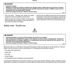 May include: A page from a safety manual with the title "Safety rules - Wheels and tires" and "Safety rules - Ductile iron". The page includes warnings about explosion hazards and improper machine operation, with a list of cast ductile iron parts.
