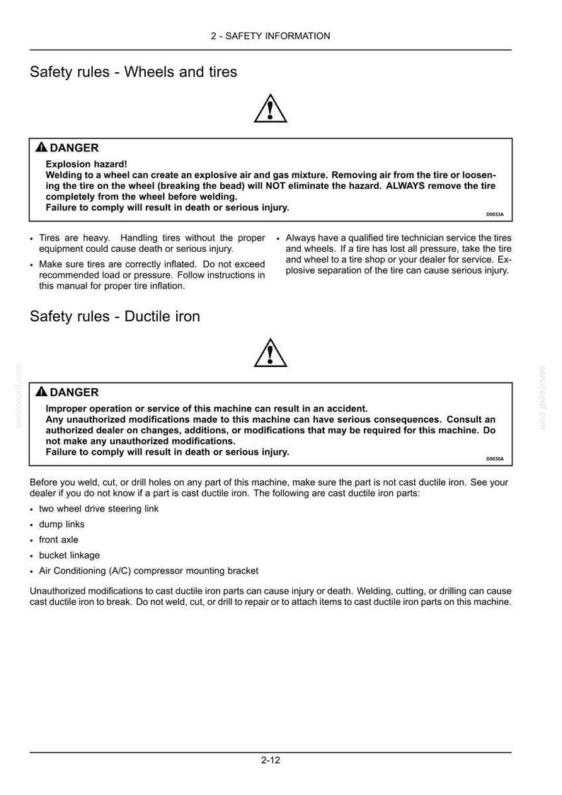 May include: A page from a safety manual with the title "Safety rules - Wheels and tires" and "Safety rules - Ductile iron". The page includes warnings about explosion hazards and improper machine operation, with a list of cast ductile iron parts.