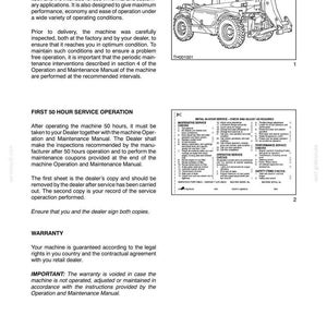 May include: A technical document page titled CHAPTER 1 - SAFETY FEATURES AND VEHICLE OPTIONAL SAFETY. It includes text about machine maintenance, a line drawing of a telehandler, and a checklist table for the first 50-hour service operation.