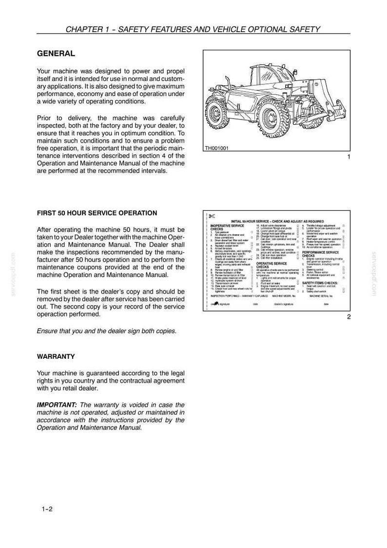 May include: A technical document page titled CHAPTER 1 - SAFETY FEATURES AND VEHICLE OPTIONAL SAFETY. It includes text about machine maintenance, a line drawing of a telehandler, and a checklist table for the first 50-hour service operation.