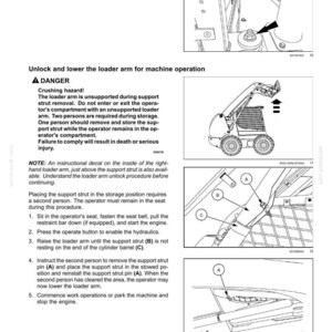 Puede incluir: Una p&aacute;gina de manual t&eacute;cnico titulada 2-SAFETY INFORMATION con dibujos lineales en blanco y negro de una minicargadora. Los diagramas ilustran el procedimiento para desbloquear y bajar el brazo de carga, incluyendo advertencias de seguridad y especificaciones de par de apriete de 170 N&middot;m para las tuercas de retenci&oacute;n.