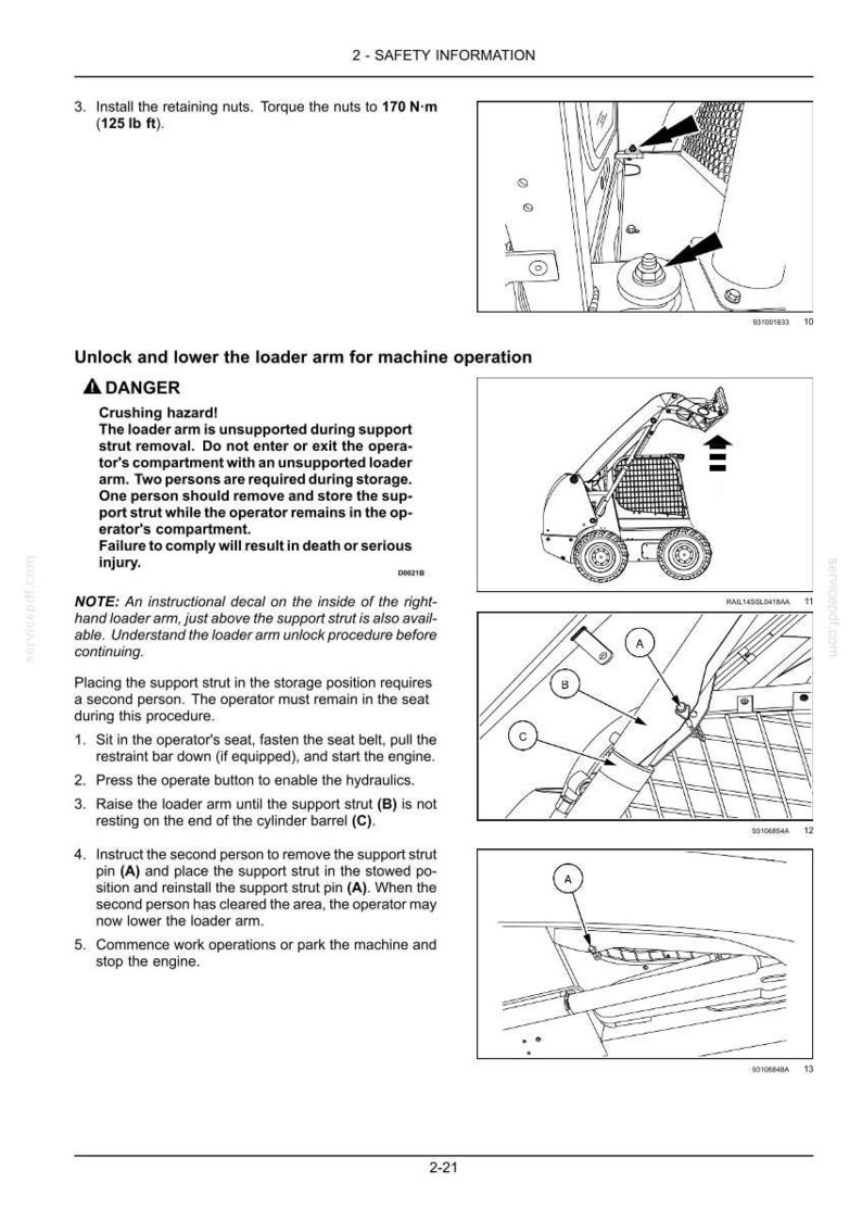 Puede incluir: Una p&aacute;gina de manual t&eacute;cnico titulada 2-SAFETY INFORMATION con dibujos lineales en blanco y negro de una minicargadora. Los diagramas ilustran el procedimiento para desbloquear y bajar el brazo de carga, incluyendo advertencias de seguridad y especificaciones de par de apriete de 170 N&middot;m para las tuercas de retenci&oacute;n.