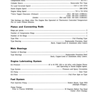 May include: A detailed technical document with engine specifications. Key data includes piston displacement at 401 cubic inches, compression ratio of 16.5 to 1, and engine idling speed between 700 and 750 RPM. The document also lists fuel system details.