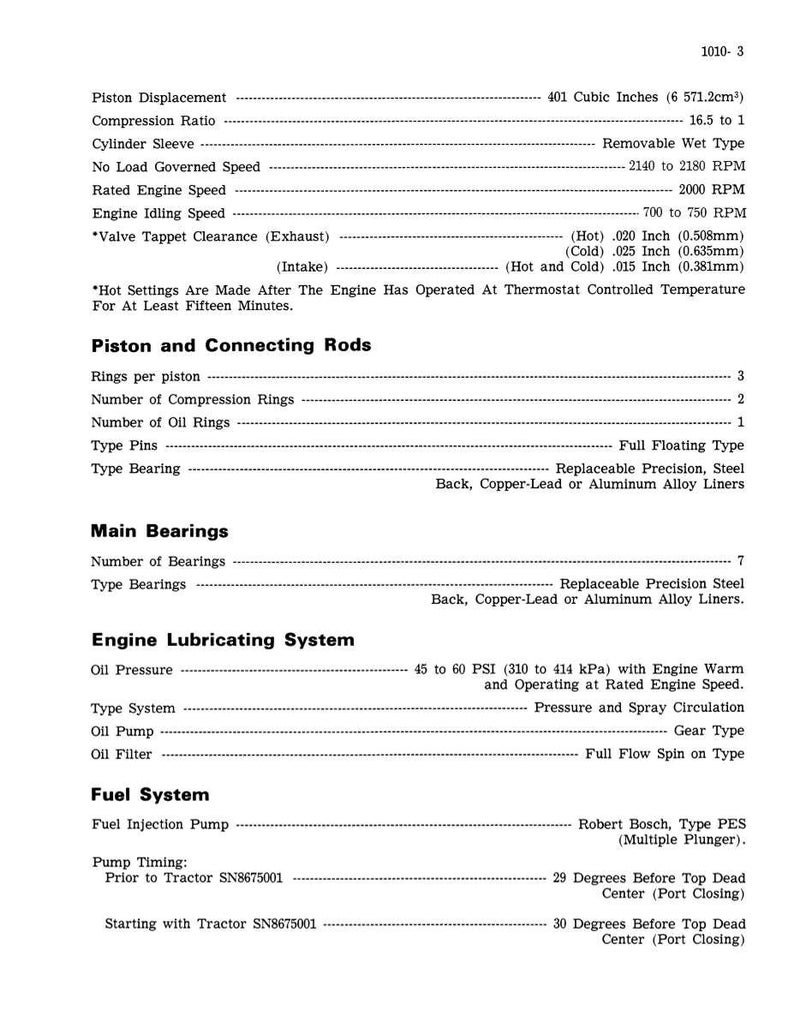 May include: A detailed technical document with engine specifications. Key data includes piston displacement at 401 cubic inches, compression ratio of 16.5 to 1, and engine idling speed between 700 and 750 RPM. The document also lists fuel system details.