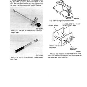 May include: Diagram of special tools, including a spring compression tester and two torque wrenches. The spring compression tester has dimensions of 3 inches x 2 inches x 1/8 inch (76 mm x 51 mm x 3mm). The torque wrenches are beam and click type.