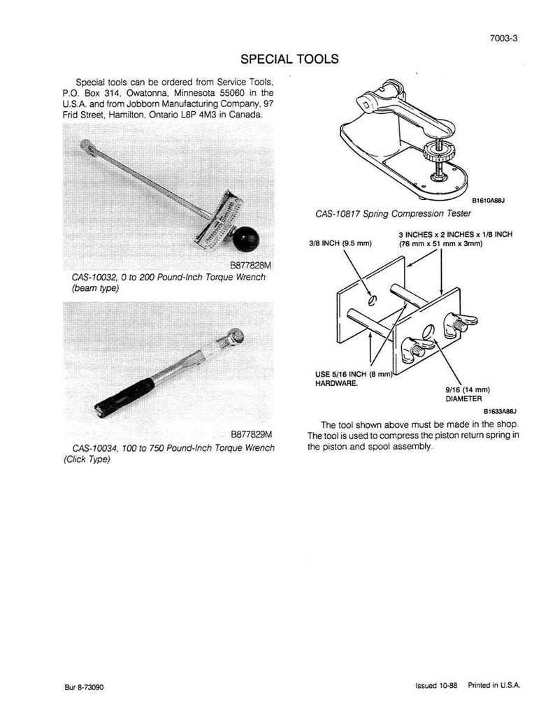 May include: Diagram of special tools, including a spring compression tester and two torque wrenches. The spring compression tester has dimensions of 3 inches x 2 inches x 1/8 inch (76 mm x 51 mm x 3mm). The torque wrenches are beam and click type.