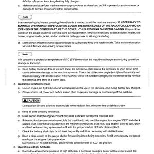 May include: A technical document page titled 3. BASIC MACHINE OPERATION, detailing procedures for operating machinery in extreme cold, extreme heat, and high altitudes, including specific instructions for engine maintenance, coolant, and battery care.