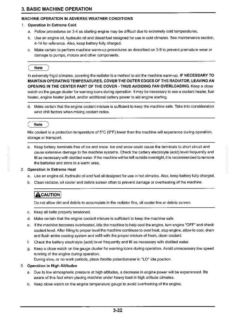 May include: A technical document page titled 3. BASIC MACHINE OPERATION, detailing procedures for operating machinery in extreme cold, extreme heat, and high altitudes, including specific instructions for engine maintenance, coolant, and battery care.