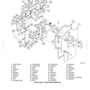 May include: An engineering diagram of a ROPS canopy front door assembly, with numbered parts and labels. The diagram includes a front door, seals, bolts, washers, brackets, and a gas strut cylinder. The image is a black and white technical drawing.