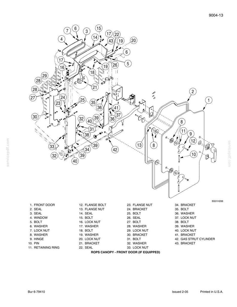 May include: An engineering diagram of a ROPS canopy front door assembly, with numbered parts and labels. The diagram includes a front door, seals, bolts, washers, brackets, and a gas strut cylinder. The image is a black and white technical drawing.