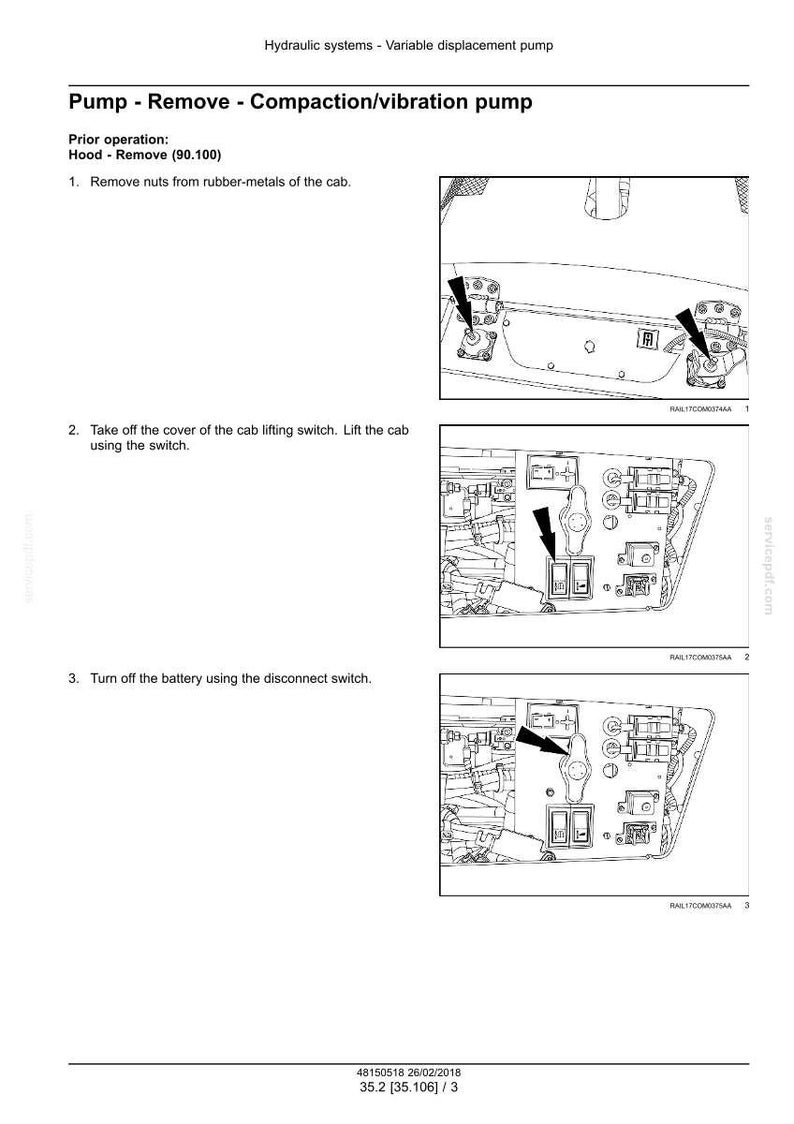 May include: Diagram of a hydraulic system's variable displacement pump, detailing the removal process for a compaction/vibration pump. Instructions include removing nuts, taking off the cover, and turning off the battery. Includes diagrams and text.