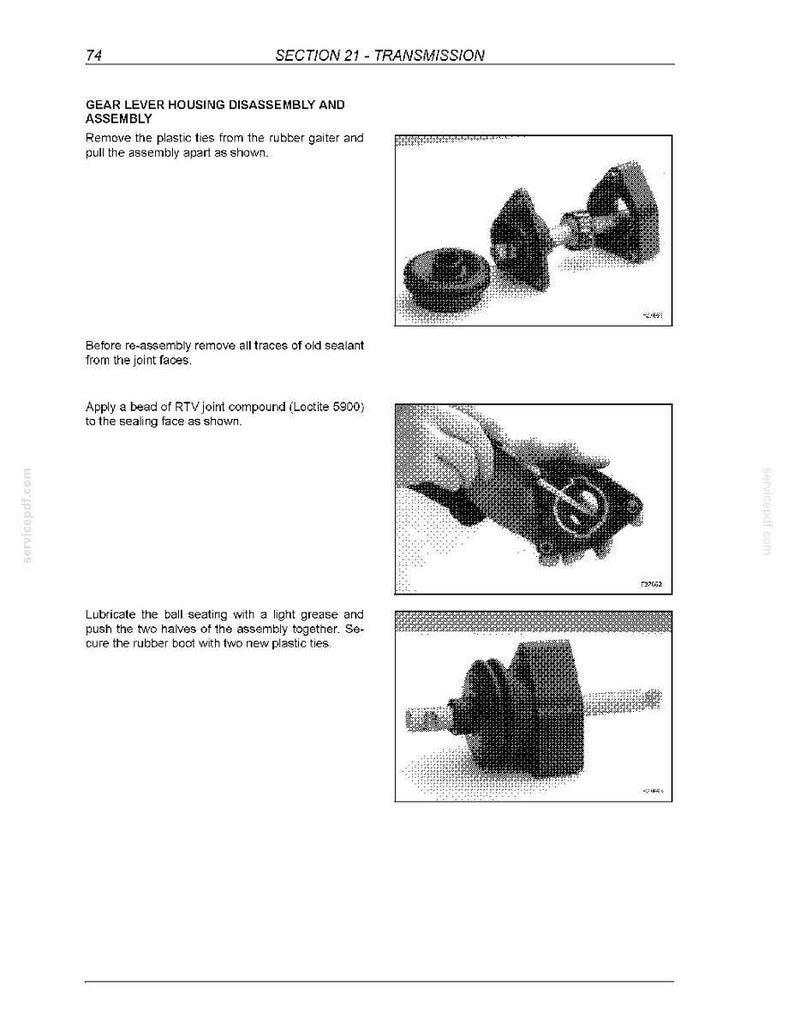 Puede incluir: P&aacute;gina 74 de un manual, que muestra el desmontaje y montaje de la carcasa de la palanca de cambios. Incluye im&aacute;genes de piezas, con instrucciones de texto sobre la eliminaci&oacute;n de ataduras, sellador y la aplicaci&oacute;n de grasa. El texto incluye "SECTION 21 - TRANSMISSION".