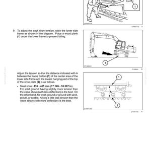 Pode incluir: Diagrama de um sistema de deslocamento hidr&aacute;ulico, com instru&ccedil;&otilde;es para ajustar a tens&atilde;o da sapata da esteira. Inclui ilustra&ccedil;&otilde;es e medidas em mm e polegadas.