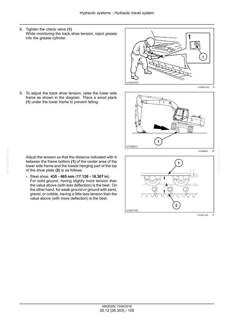 Pode incluir: Diagrama de um sistema de deslocamento hidr&aacute;ulico, com instru&ccedil;&otilde;es para ajustar a tens&atilde;o da sapata da esteira. Inclui ilustra&ccedil;&otilde;es e medidas em mm e polegadas.