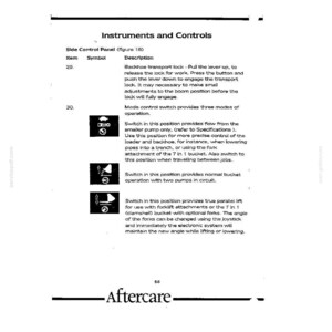 May include: A technical manual page titled Instruments and Controls, detailing side control panel operations. It includes instructions for a backhoe transport lock and a mode control switch with three distinct operational settings and icons.
