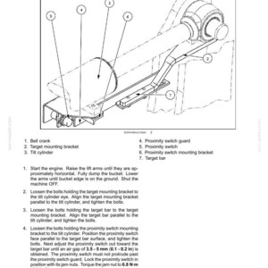 May include: Diagram of a Z-BAR / XR return to dig adjustment procedure. The image shows a mechanical assembly with labeled components: bell crank, target mounting bracket, tilt cylinder, proximity switch guard, proximity switch, and target bar.