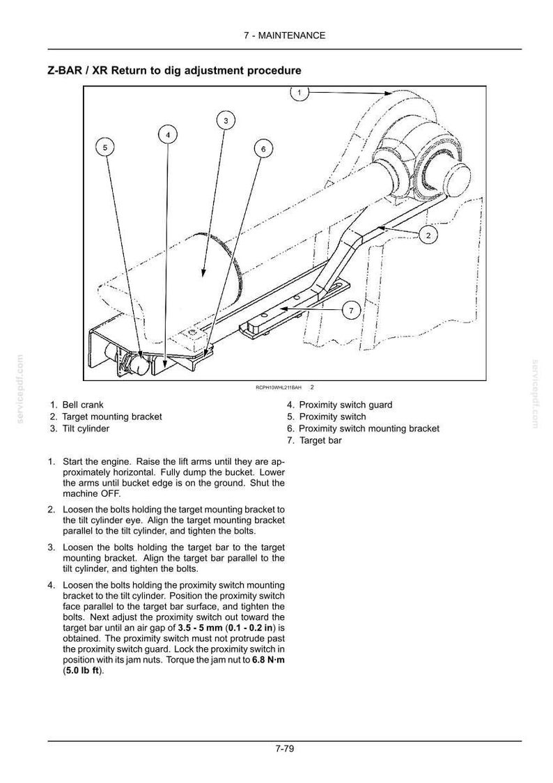 May include: Diagram of a Z-BAR / XR return to dig adjustment procedure. The image shows a mechanical assembly with labeled components: bell crank, target mounting bracket, tilt cylinder, proximity switch guard, proximity switch, and target bar.