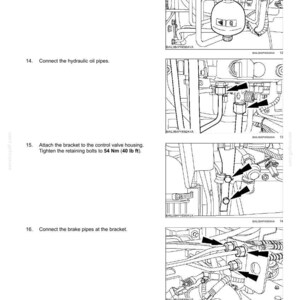May include: A technical manual page titled TRANSMISSION, DRIVE AND PTO OUT - TRANSMISSION Semi-Powershift. It features four black and white line drawings illustrating mechanical assembly steps, including an accumulator, hydraulic pipes, and brake pipes.