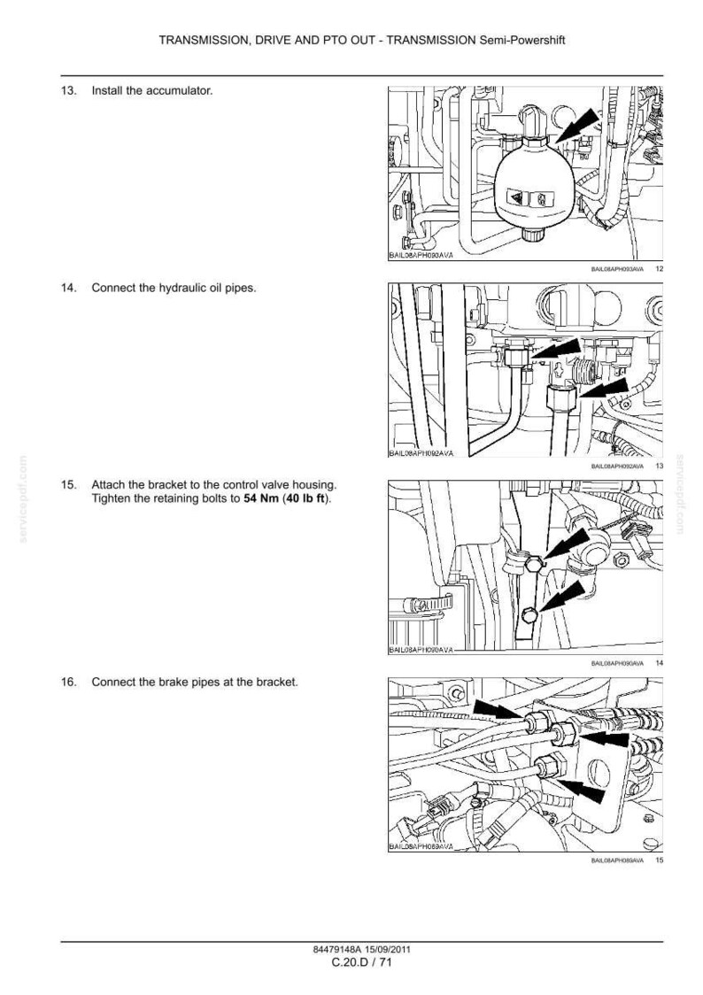 May include: A technical manual page titled TRANSMISSION, DRIVE AND PTO OUT - TRANSMISSION Semi-Powershift. It features four black and white line drawings illustrating mechanical assembly steps, including an accumulator, hydraulic pipes, and brake pipes.