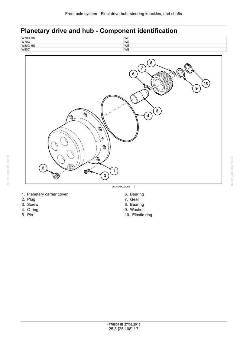 May include: An exploded diagram of a planetary drive and hub assembly, detailing components like the planetary carrier cover, bearings, gear, and elastic ring. The image includes labels for each part, providing a technical illustration.