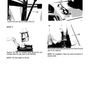 May include: A technical diagram showing steps for machinery maintenance. The steps include disconnecting a heater hose, removing a cover plate, and supporting a cab with lifting equipment. The cab weight is noted as 150 kg.