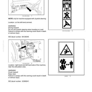 Puede incluir: P&aacute;gina de manual con informaci&oacute;n de seguridad. Incluye diagramas de componentes de maquinaria y s&iacute;mbolos de advertencia. El texto incluye advertencias sobre peligros de conducci&oacute;n y aplastamiento, con n&uacute;meros de calcoman&iacute;as ISO.