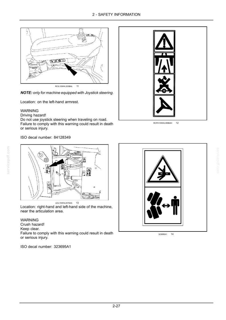 Puede incluir: P&aacute;gina de manual con informaci&oacute;n de seguridad. Incluye diagramas de componentes de maquinaria y s&iacute;mbolos de advertencia. El texto incluye advertencias sobre peligros de conducci&oacute;n y aplastamiento, con n&uacute;meros de calcoman&iacute;as ISO.