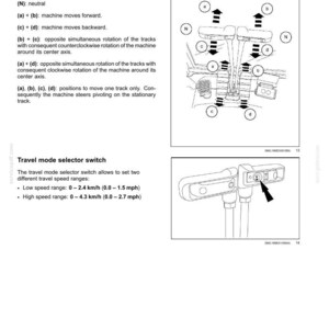 May include: Diagram of travel control levers and pedals, with arrows indicating movement directions. Includes a travel mode selector switch with speed ranges of 0-2.4 km/h (0.0-1.5 mph) and 0-4.3 km/h (0.0-2.7 mph).