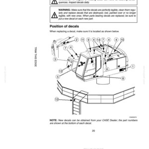 May include: Diagram of a construction vehicle cab with numbered decal placement instructions. The image includes safety warnings about decal legibility and replacement. Text includes "SAFETY/DECALS/HAND SIGNALS" and "Position of decals."