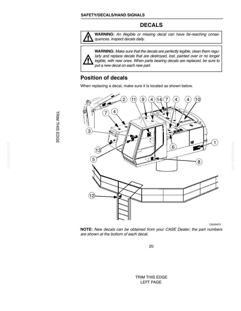 May include: Diagram of a construction vehicle cab with numbered decal placement instructions. The image includes safety warnings about decal legibility and replacement. Text includes "SAFETY/DECALS/HAND SIGNALS" and "Position of decals."