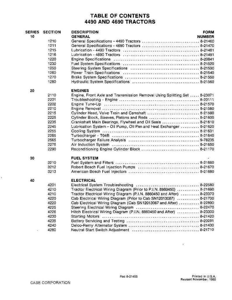May include: A black and white table of contents for 4490 and 4690 tractors. The document details sections on engines, fuel systems, and electrical systems, with associated form numbers.