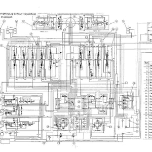 Puede incluir: Un diagrama t&eacute;cnico de circuito hidr&aacute;ulico en blanco y negro etiquetado como 3. HYDRAULIC CIRCUIT DIAGRAM 3.1 STANDARD. El documento presenta dibujos lineales complejos de v&aacute;lvulas, cilindros y motores, con una lista de piezas numerada a la derecha.