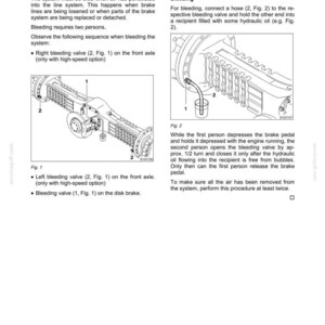 Puede incluir: Una p&aacute;gina de documento t&eacute;cnico titulada Operating Instructions W50TC W80TC New Holland. Detalla el proceso de purga del sistema de frenos con dos diagramas que muestran componentes del eje, v&aacute;lvulas y una manguera conectada a un recipiente.