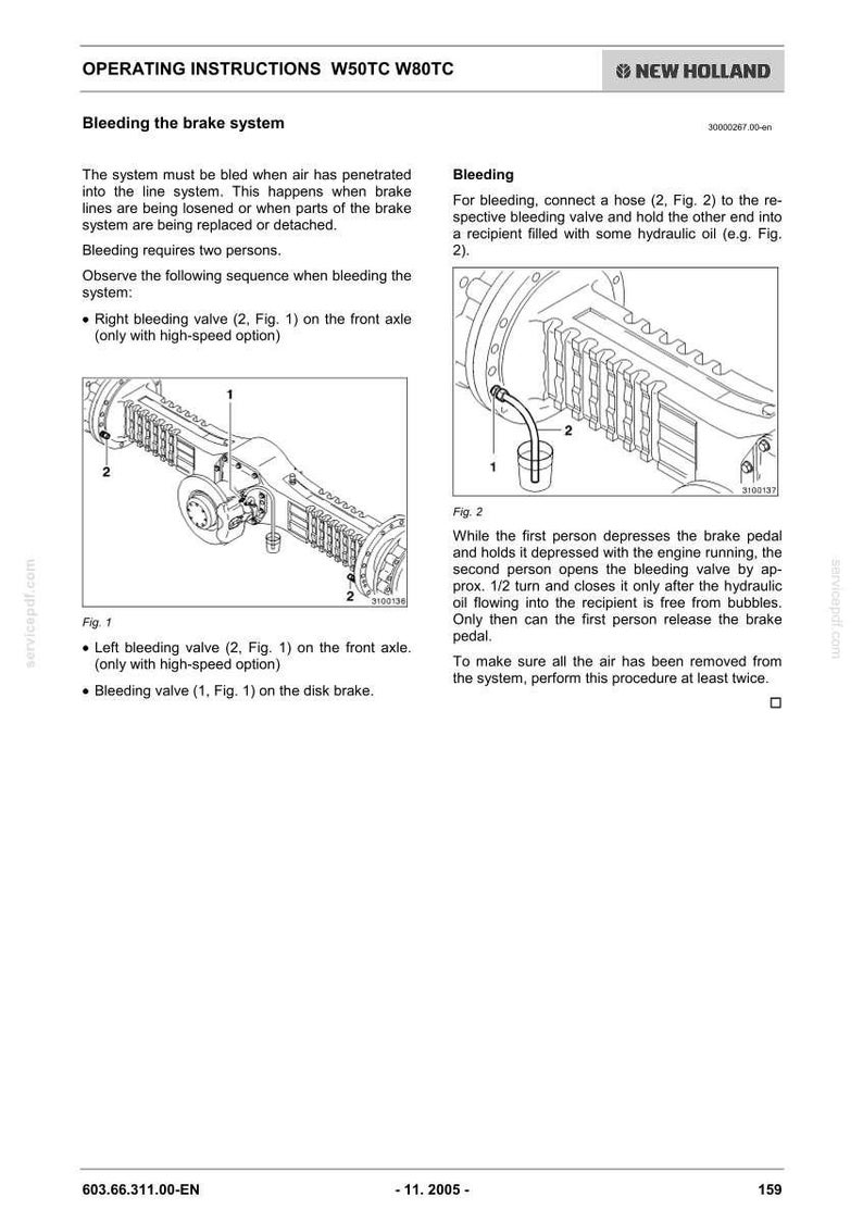 Puede incluir: Una p&aacute;gina de documento t&eacute;cnico titulada Operating Instructions W50TC W80TC New Holland. Detalla el proceso de purga del sistema de frenos con dos diagramas que muestran componentes del eje, v&aacute;lvulas y una manguera conectada a un recipiente.