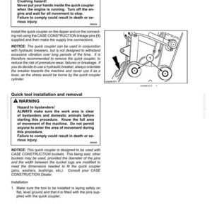 May include: Page from an operating manual with safety warnings and instructions for a quick coupler. The image includes diagrams of the coupler and text detailing installation and safety precautions. The text includes warnings about crushing hazards and instructions for safe operation.