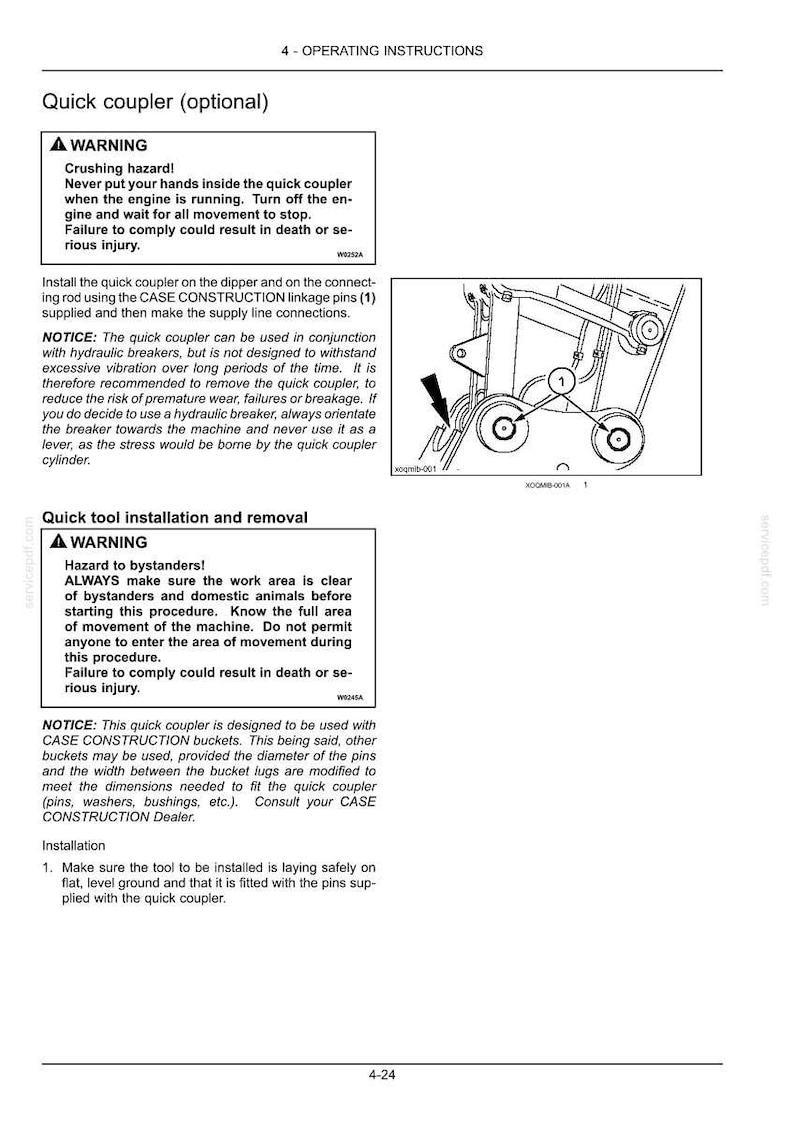 May include: Page from an operating manual with safety warnings and instructions for a quick coupler. The image includes diagrams of the coupler and text detailing installation and safety precautions. The text includes warnings about crushing hazards and instructions for safe operation.