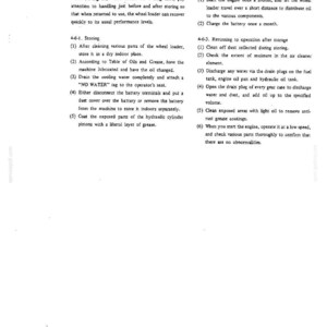May include: A technical document page titled 4-6 Long-term storage, containing instructions for maintaining a wheel loader. The text outlines procedures for storing, precautions, and returning to operation, including battery and oil maintenance steps.