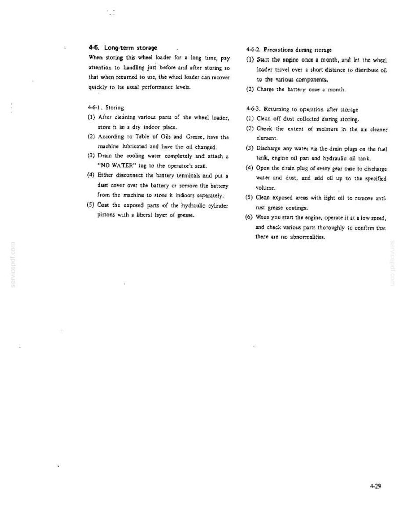 May include: A technical document page titled 4-6 Long-term storage, containing instructions for maintaining a wheel loader. The text outlines procedures for storing, precautions, and returning to operation, including battery and oil maintenance steps.
