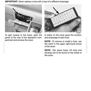 May include: Image from an electrical system manual showing instructions for replacing fuses. The image includes a fuse box, a diagram of fuses, and text instructions. The text includes safety warnings and details on fuse replacement.
