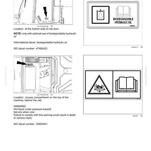 May include: Safety information page with diagrams and warning labels. Includes a label for biodegradable hydraulic oil and a warning about hot liquid under pressure. ISO decal numbers are also present.