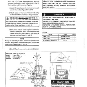 May include: A technical manual page titled Section V - Transportation, detailing lifting procedures for a Kobelco SK80CS-1E machine. It includes safety warnings, a tools table, and diagrams showing cable placement, centre of gravity, and dimensions.
