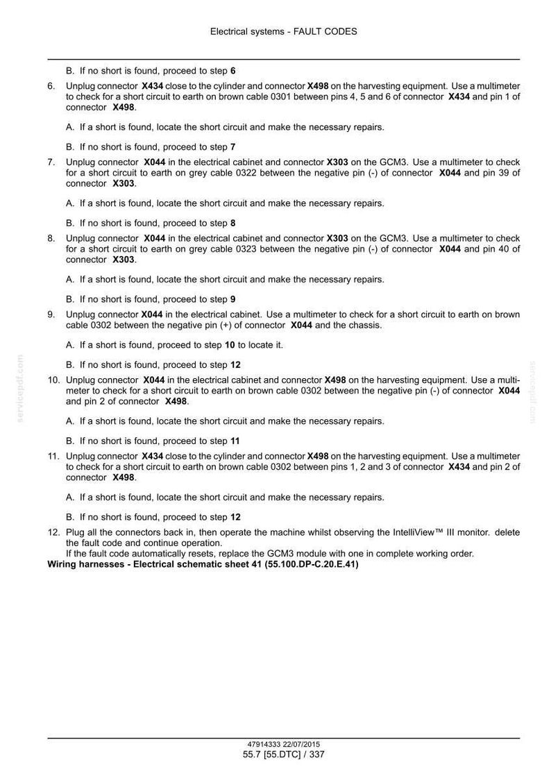 May include: A detailed technical document with troubleshooting steps for electrical systems, including fault codes and connector diagrams. The document provides instructions for checking short circuits and repairing them. The document includes the text "Electrical systems - FAULT CODES".
