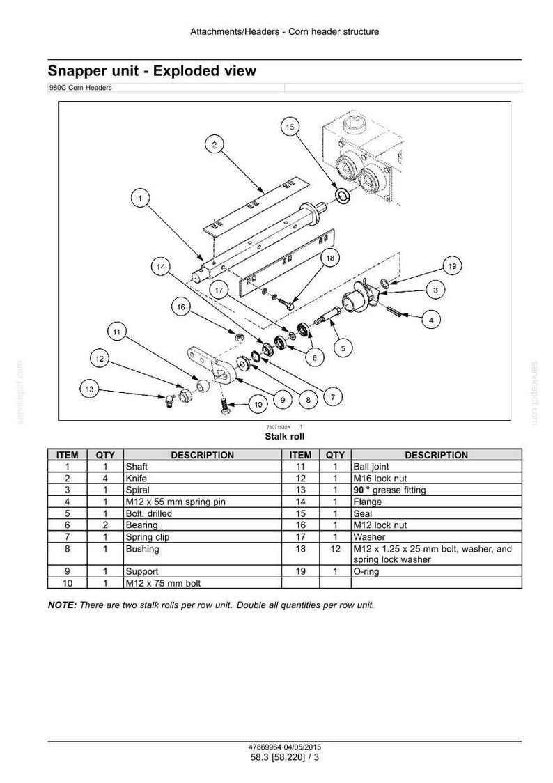 Puede incluir: Diagrama de vista explosionada de una unidad Snapper para cabezales de ma&iacute;z 980C. Incluye piezas como ejes, cuchillas, pernos y cojinetes. Tambi&eacute;n se muestra el texto "Stalk roll".