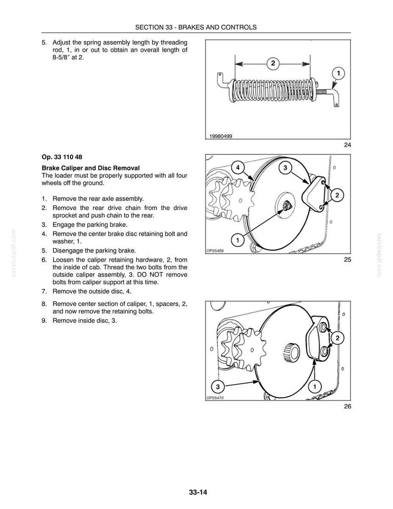 May include: A technical manual page titled SECTION 33 - BRAKES AND CONTROLS, featuring black and white line drawings of a spring assembly and brake caliper components with numbered labels and instructions for an overall length of 8-5/8 inches.