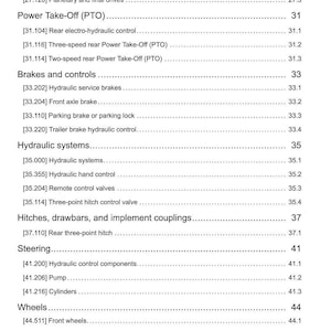May include: A detailed table of contents from a manual, featuring sections on axles, brakes, hydraulic systems, hitches, steering, wheels, and electrical systems. The document includes page numbers and sub-sections.