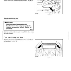 May include: Diagram illustrating car controls and instruments: washer fluid reservoir, rearview mirrors, and cab ventilation air filter. Includes warnings and instructions for vehicle maintenance.